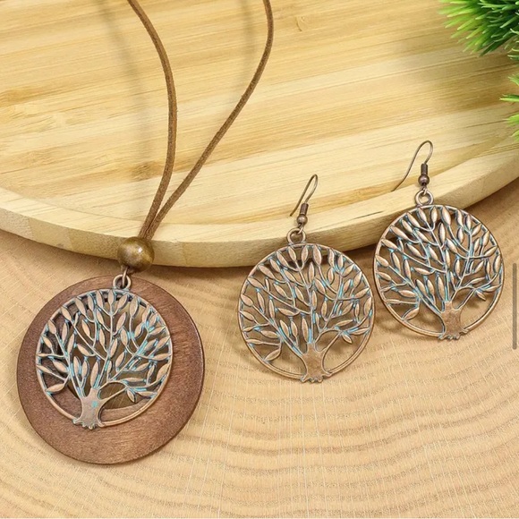 924 ❤️ Tree of Life Boho Wooden Necklace & Earrings Jewelry Bohemian Set - Picture 4 of 7